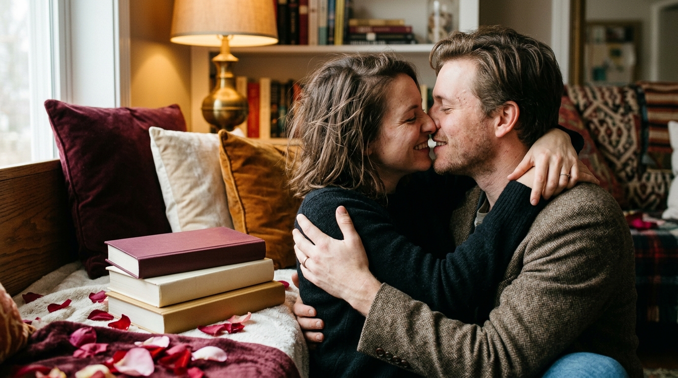 Adult couple sharing a tender, passionate embrace beside closed plain-covered romance novels, warm light and rose petals.